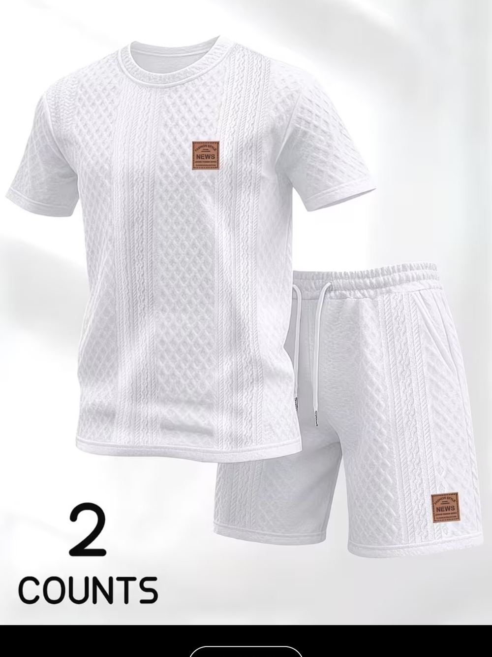 Men's White Knit-Texture Tee & Drawstring Shorts Set